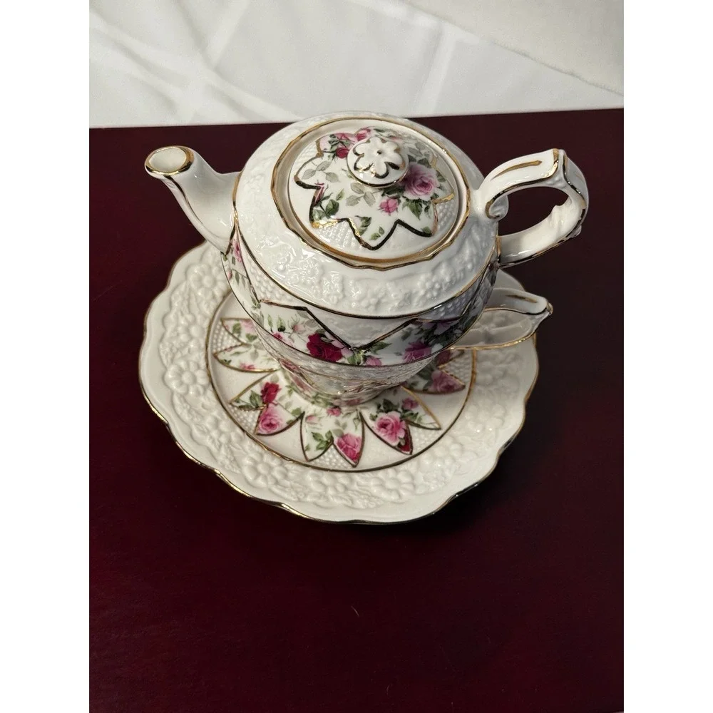 4 piece Grace teaware tea for one Rose Floral Teapot Cup Saucer & cookie‎ tray